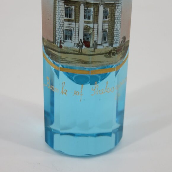 VTG Bank of Sheboygan Clear Blue Glass Gold Trim Shot Glass Souvenir Wisconsin - Picture 3 of 11